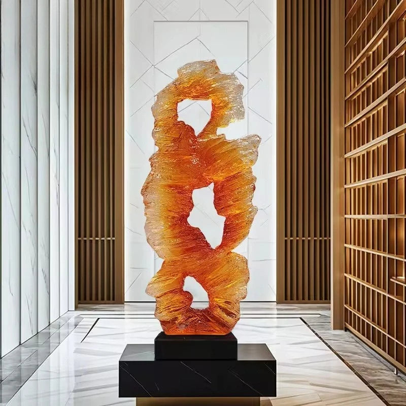 sculpture contemporaine organique bleu vert orange aluminium base noire extérieure decoration minimaliste