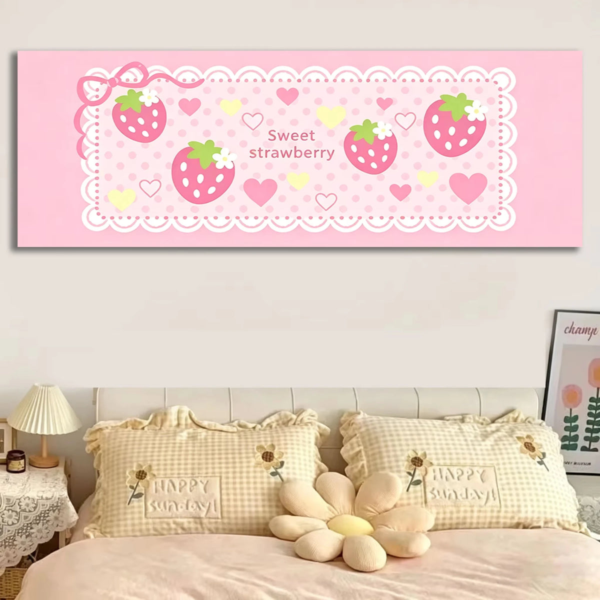 tapisserie murale longue fraises coeurs dentelle rose chambre fille kawaii décoration tête lit douce