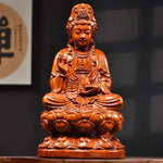 statue bouddha assis bois sculpté détaillé feng shui décoration maison brun clair doré traditionnelle