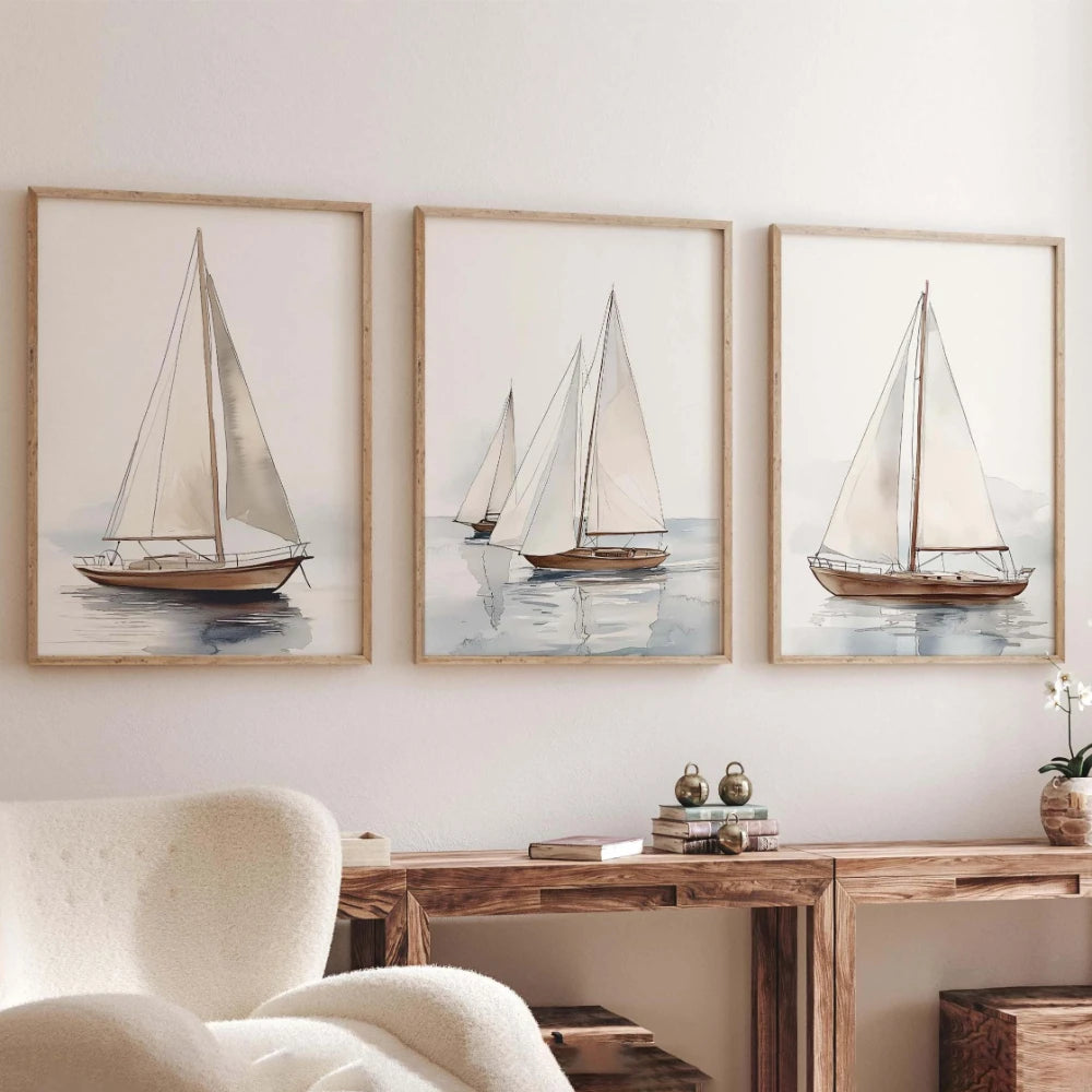 peinture voilier moderne toile coton blanc beige gris bleu clair salon chambre bureauDecorationMurraleNautiqueImpressionToile
