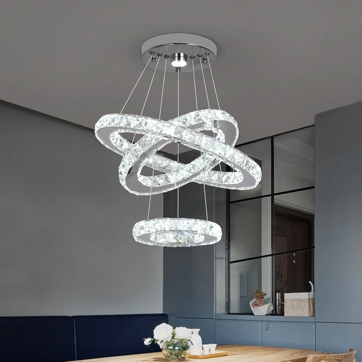 Suspension lumineuse moderne acier inoxydable blanc doré strass brillant 20+ LED dimmable télécommande