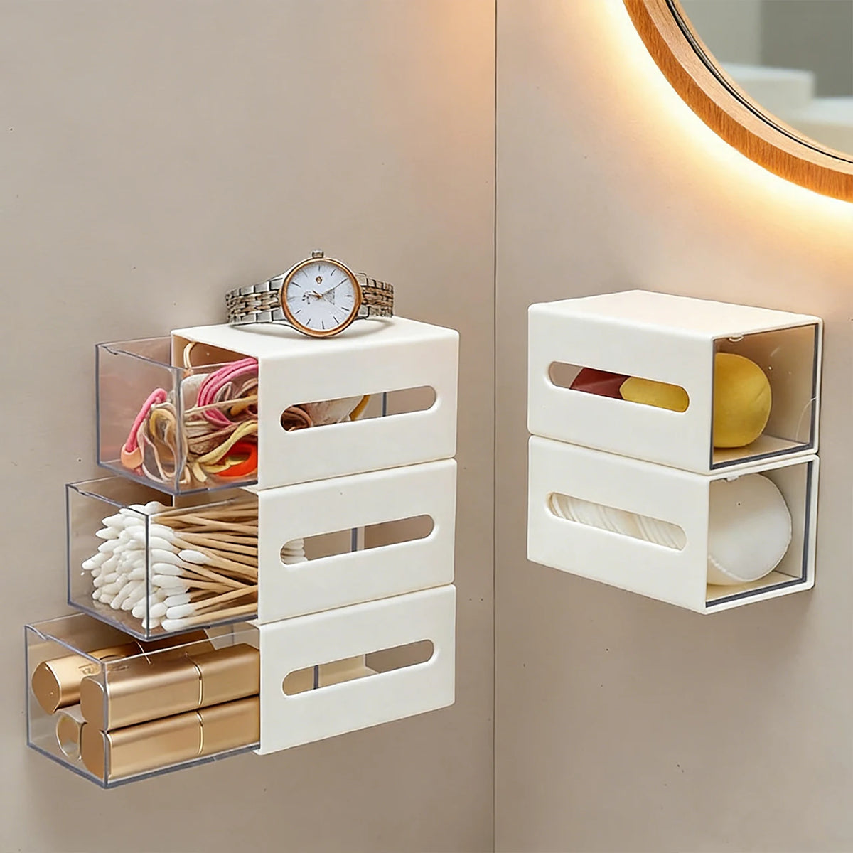 boîtes rangement blanc transparent maquillage élastiques bâtonnets coton clips adhésifs moderne minimaliste
