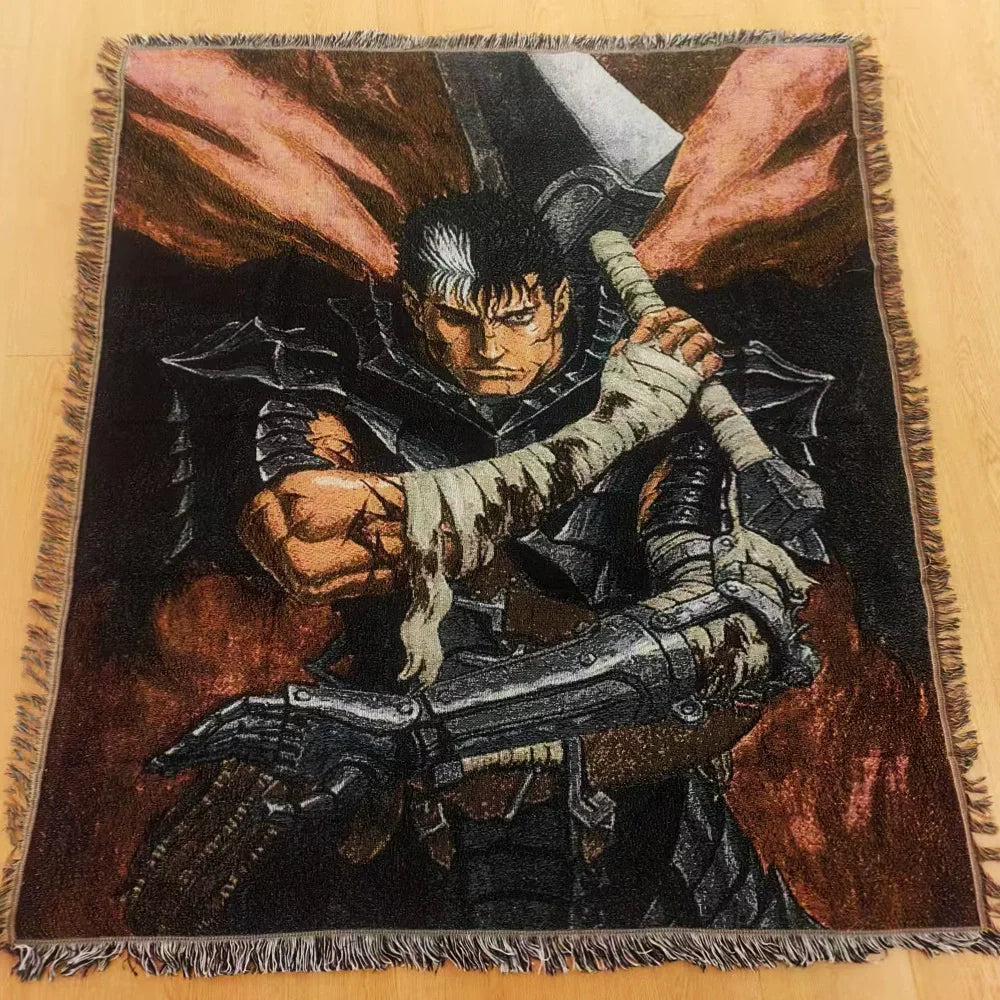 tapisserie dessin animé berserk personnage épée armure noir blanc gris bleu rouge marron jacinthe