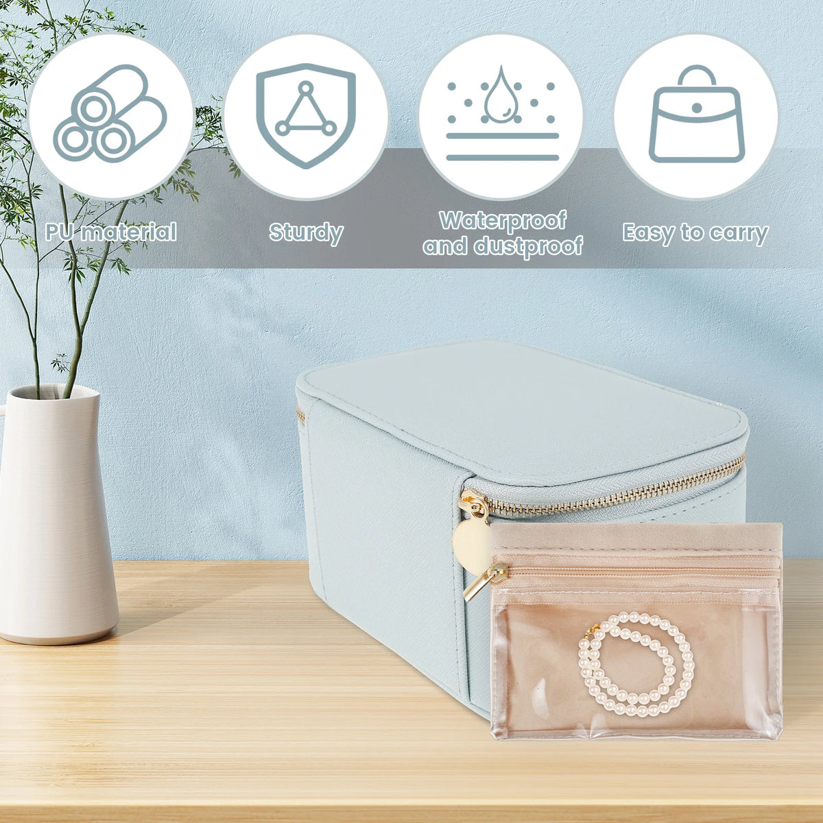 boîte bijoux simili cuir bleu clair moderne rangement pochettes fermeture glissière voyage pratique