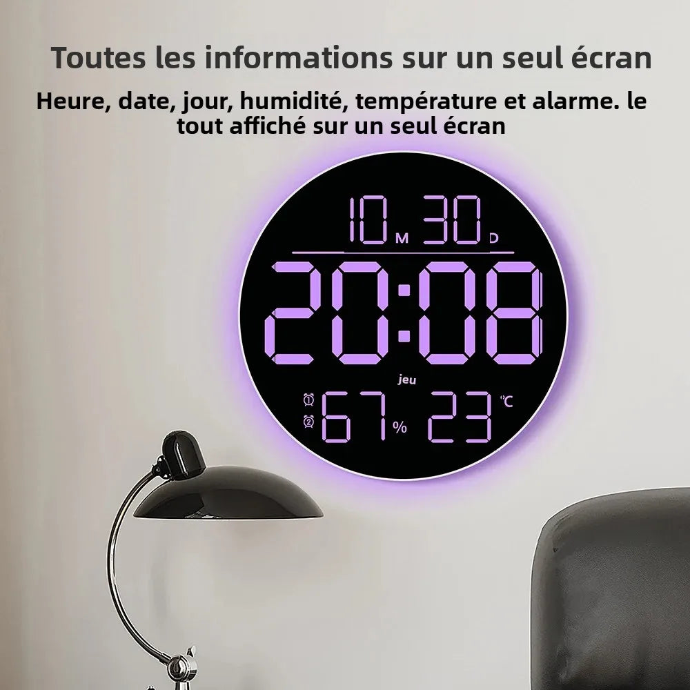 horloge murale numérique affichage led réveil alarme température date heure couleur variable moderne
