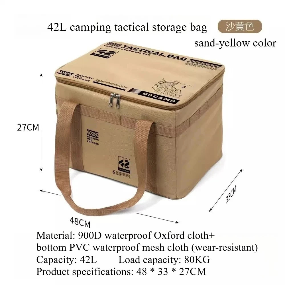 sac rangement camping vert olive imprimé militaire 30L étanche boucles métalliques assiettes couvercles bouteille