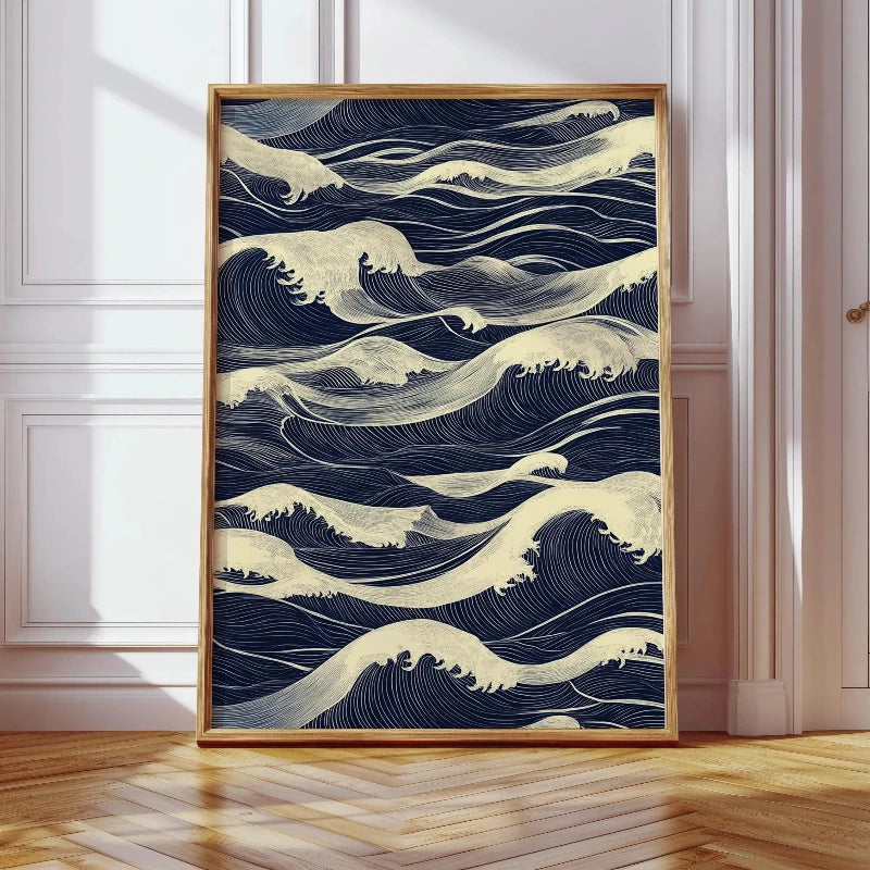 affiche vague bleu marine blanc graphique moderne cadre bois sans cadre