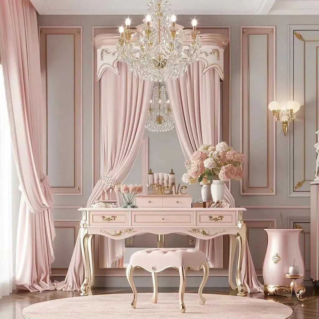 coiffeuse baroque miroir tiroirs éclairés rose poudré blanc crème doré
