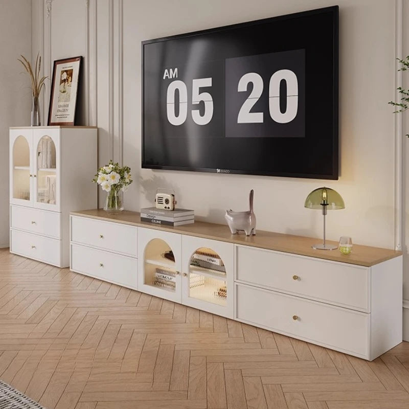 meuble tv blanc moderne plateau bois armoires porte support salon