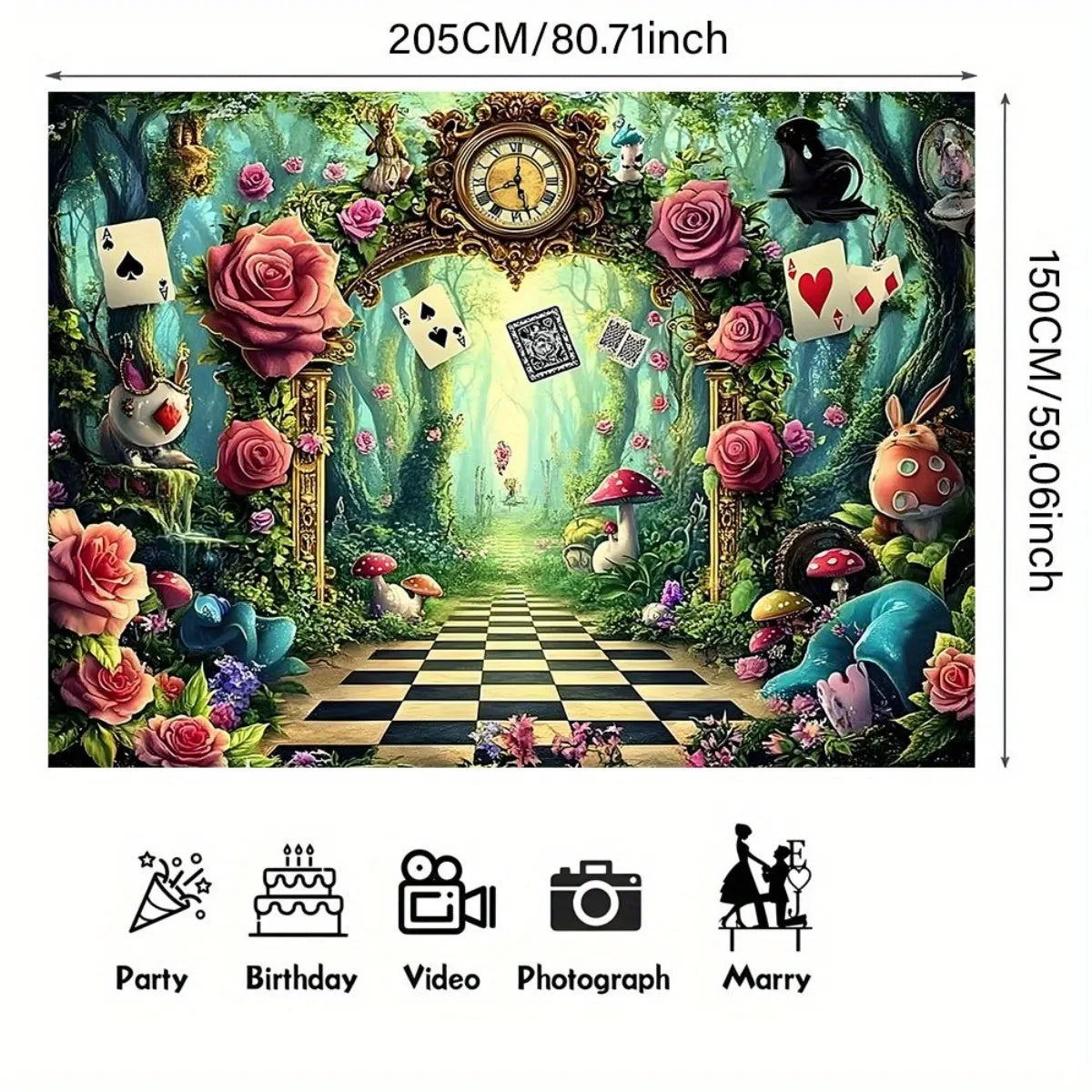 toile fond décorative alice merveilles roses cartes lapin chapeau horloge champignons vert bleu rose