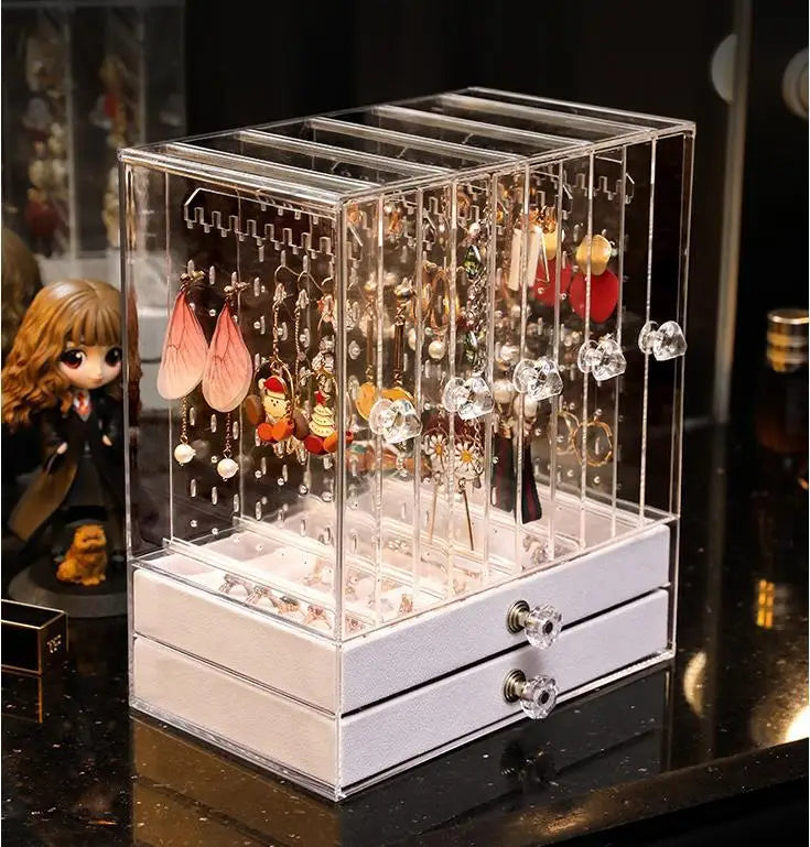 boîte bijoux transparente moderne velours intérieur poignées cristal boucles d'oreilles bracelets montres grande capacité
