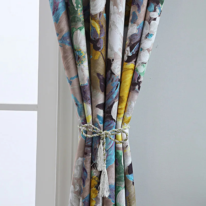 rideau floral deux panneaux pastoral imprimé polyester gris jaune bleu violet vert