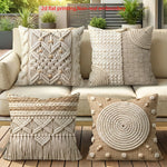 taies d'oreiller boho chic motifs macramé polyester peachskin beige pompons 40x40cm 45x45cm 50x50cm 60x60cm