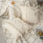 taies d'oreiller géométriques bohèmes crème franges macramé décoratives maison hospitalière