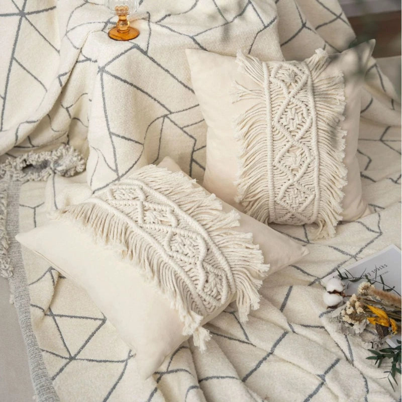 taies d'oreiller géométriques bohèmes crème franges macramé décoratives maison hospitalière