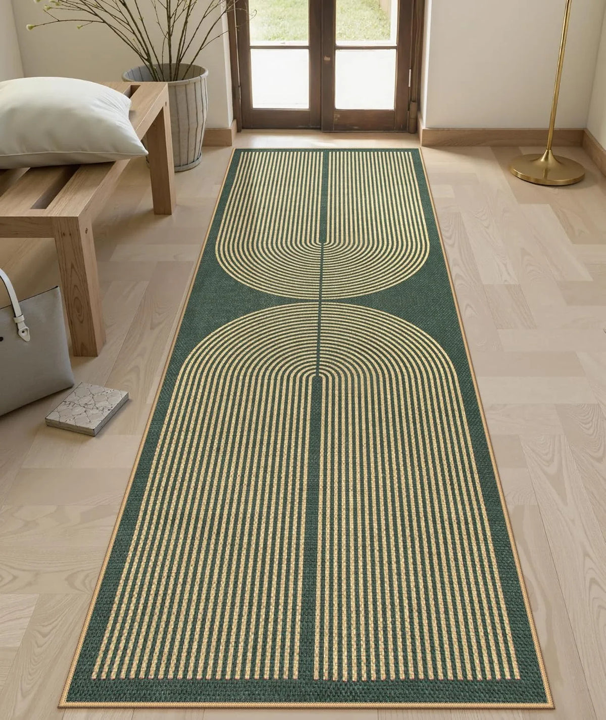 tapis moderne géométrique rayures horizontales beige noir rouge salon chambre entrée minimaliste polyester polypropylène