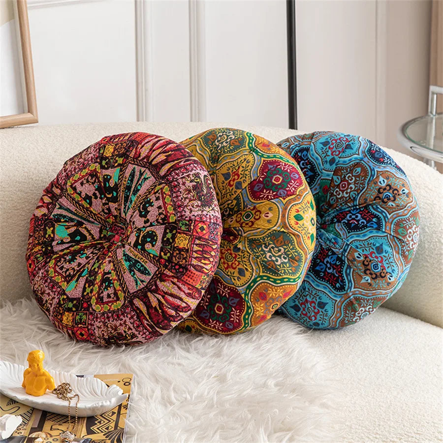 coussin siège rond bohème motifs floraux géométriques velours cotonnable intérieur extérieur