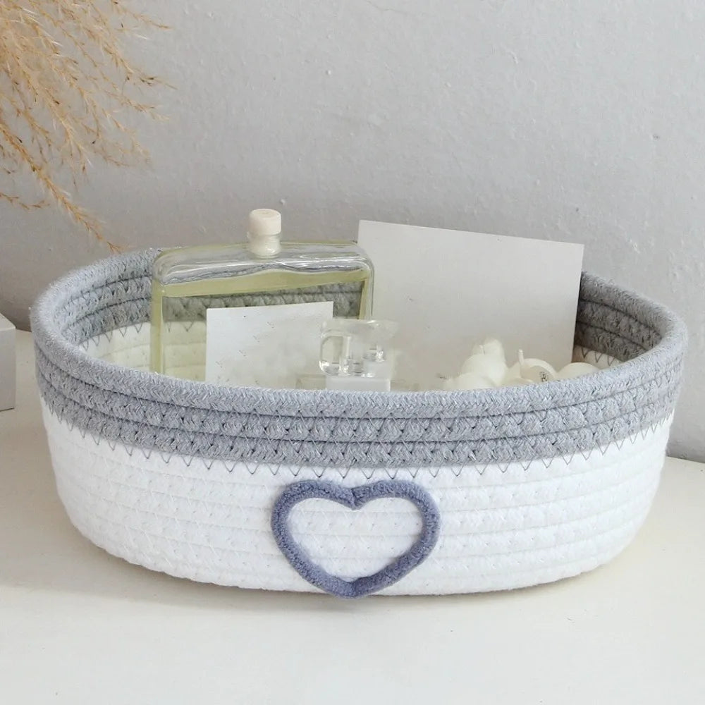 panier rangement corde coton tissée motif coeur blanc gris beige décoratif
