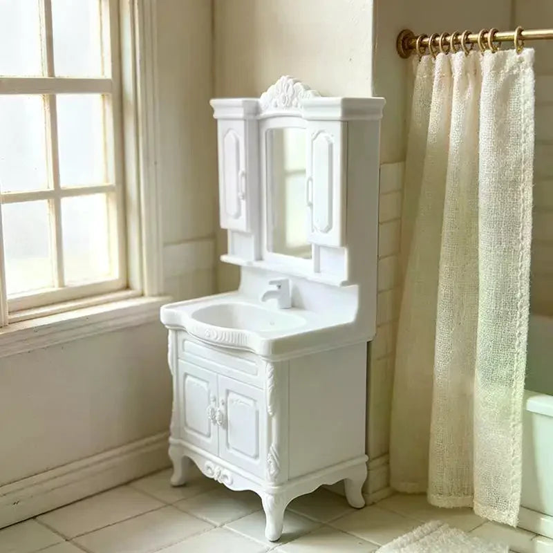 miniature meuble salle bain blanc noir vintage vasque miroir armoire porte robinet ornementé