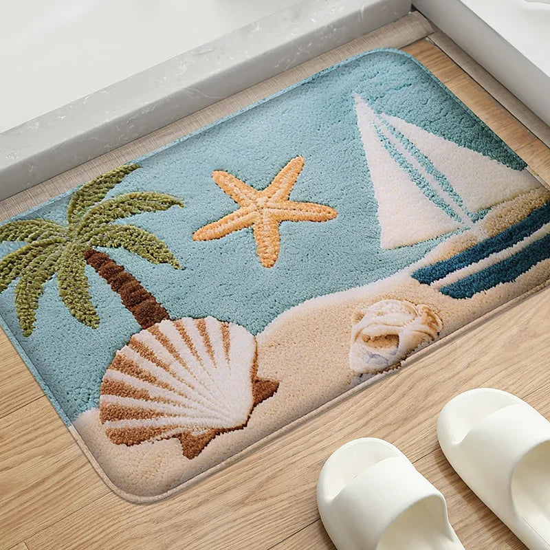 tapis bain motif marin poissons salle bain antidérapant bleu clair orange vert