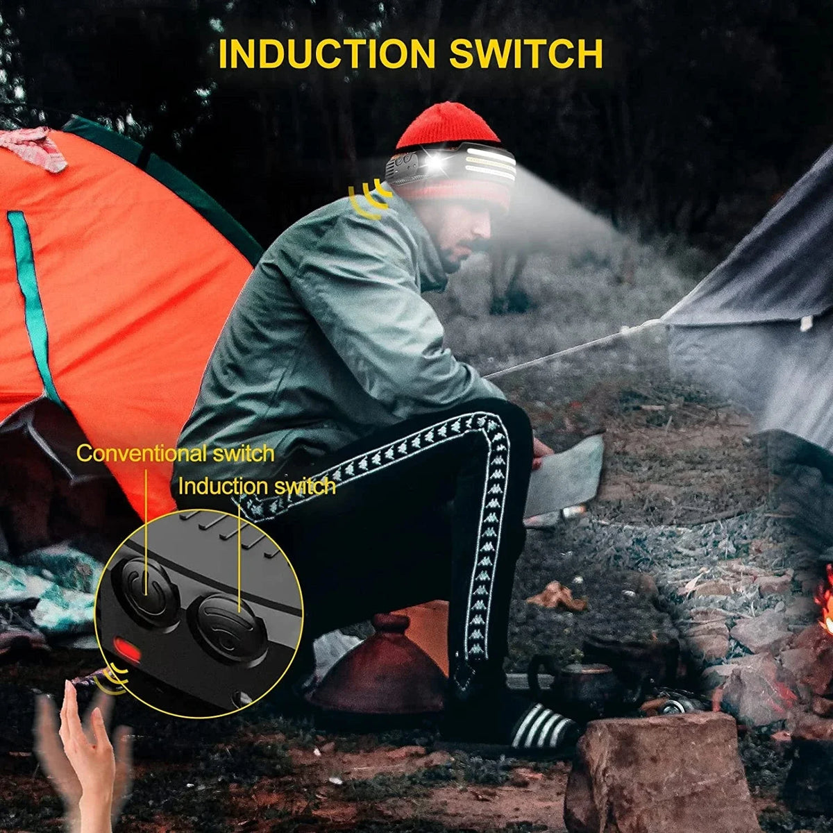 lampe frontale led capteur lumière noire jaune rouge élastique outdoor sport camping