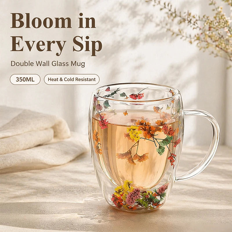 tasse verre double paroi fleurs séchées transparente poignée 380ml résistante chaleur déco floral