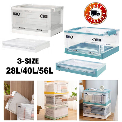 Boîte de rangement pliable transparente avec cadre blanc et roues