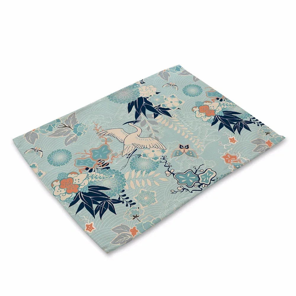 tapis table art japonais traditionnel fleurs motifs géométriques bleu vert rouge beige