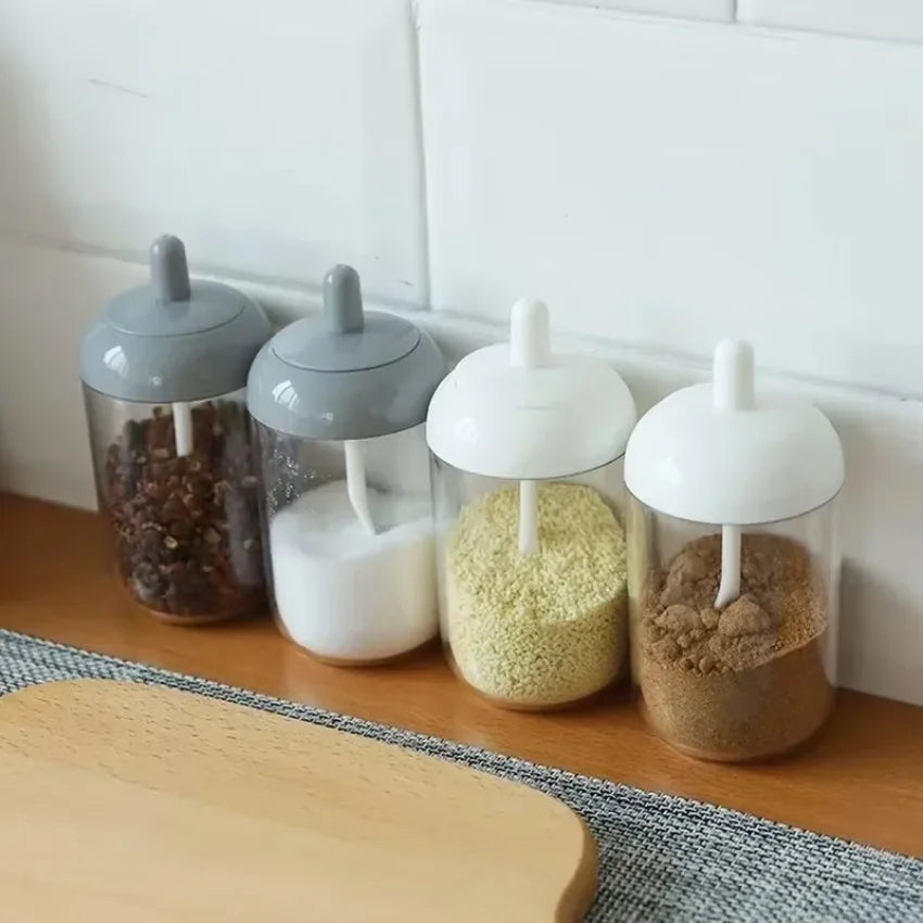 récipients épices condiments cuillère intégrée transparent moderne minimaliste respectueux environnement