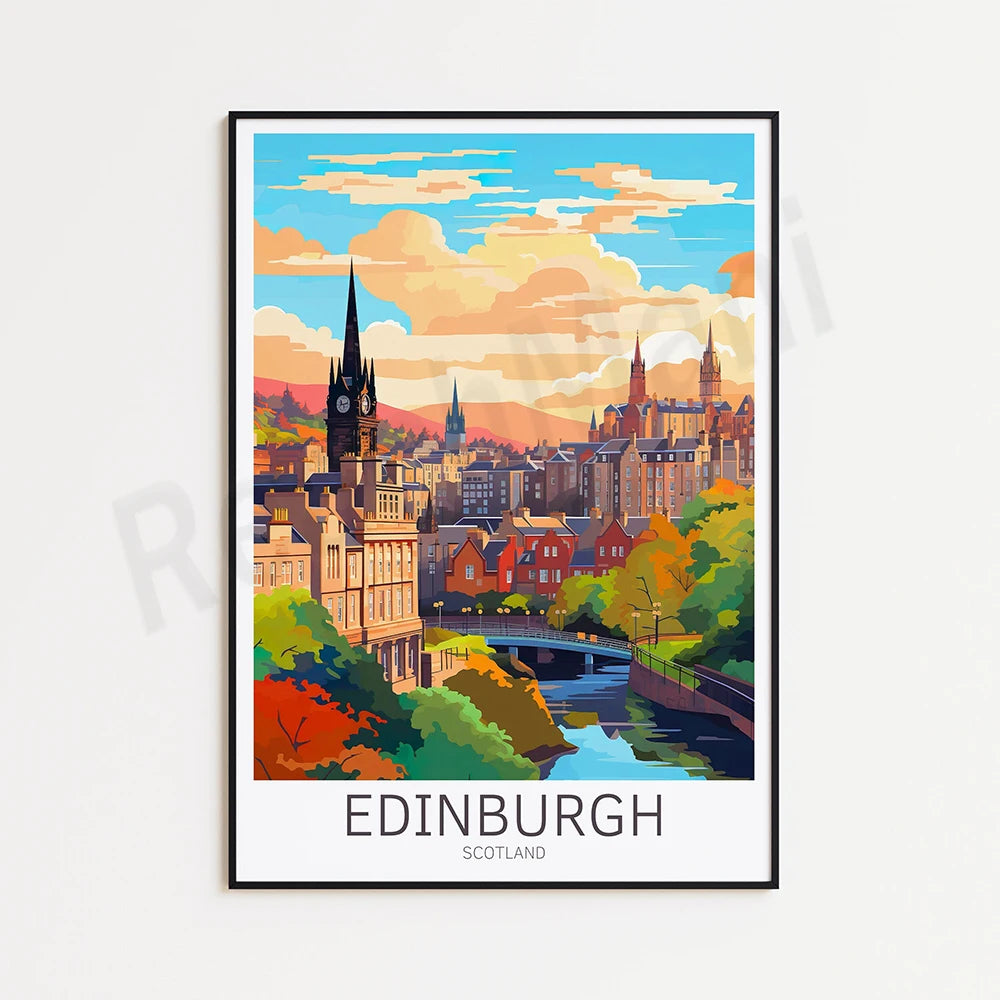Cette illustration colorée et vibrante représente l'horizon pittoresque d'Édimbourg, en Écosse, avec ses bâtiments historiques, ses églises aux flèches élancées et son paysage verdoyant entouré d'un ciel dramatique.