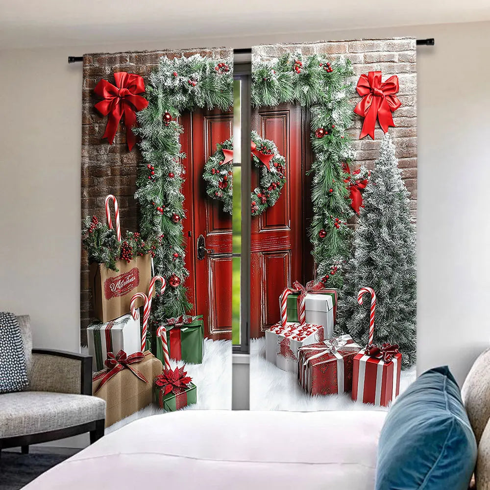 rideau noël décoration rouge vert blanc motifs porte guirlandes boules sapin festive opaques