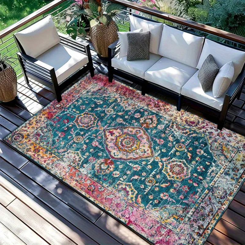tapis bohème géométrique ornements floraux bleu rouge jaune vert noir salon chambre extérieur