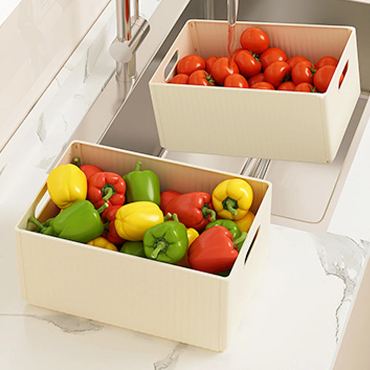 boîtes rangement pliables plastique moderne beige poignées boucles ridées stockage multifonctionnel
