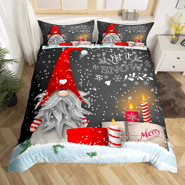 Housse de couette Noël scandinave motif Père Noël et gnomes sur lit