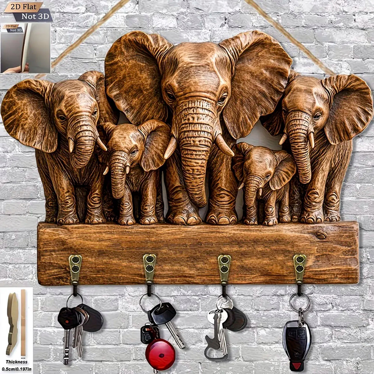 porte clés mural éléphants bois artisanal marron clair décoration intérieure rustique