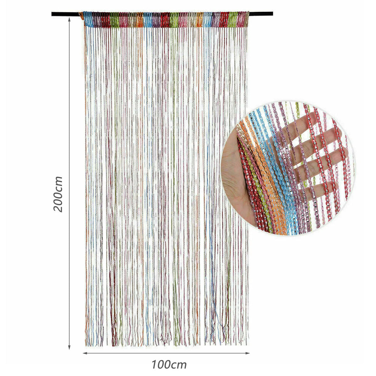rideau decoratif boheme multicolore franges metalliques translucides barre superieure 200cm hauteur 100cm largeur