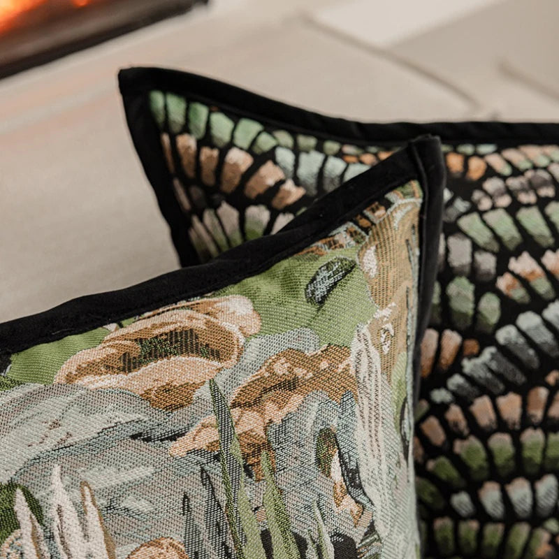 housse coussin jacquard motif forêt tropicale noir vert beige blanc décor maison voiture 45x45cm