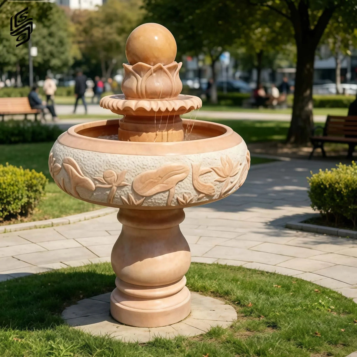 fontaine pierre sculptée fleur lotus motifs floraux couleur beige classique extérieure jardin durable