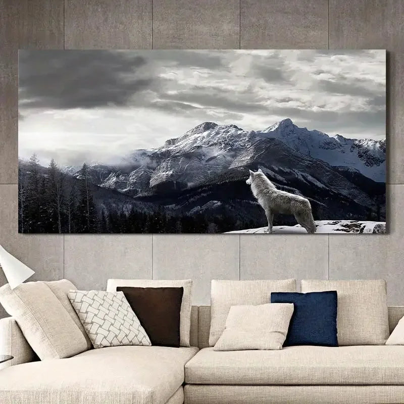 toile d'art moderne paysage montagneux loup blanc gris noir sans cadre horizontal