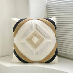 coussin brodé polyester moderne bohème motif géométrique blanc beige bleu gris marron 45x45cm