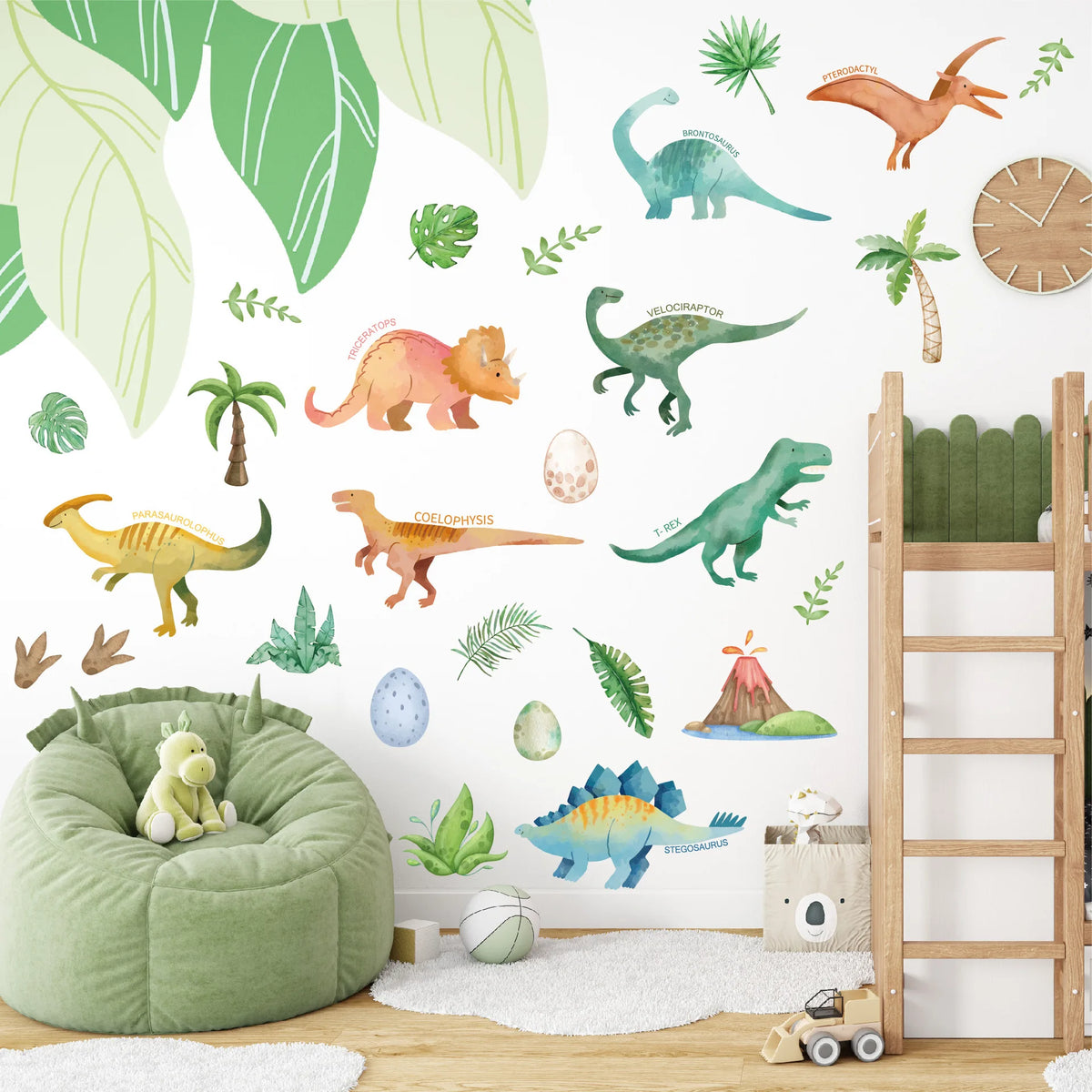 Stickers muraux animaux dinosaures feuilles palmiers motifs géométriques adhésifs decoration chambre enfants salon bébé