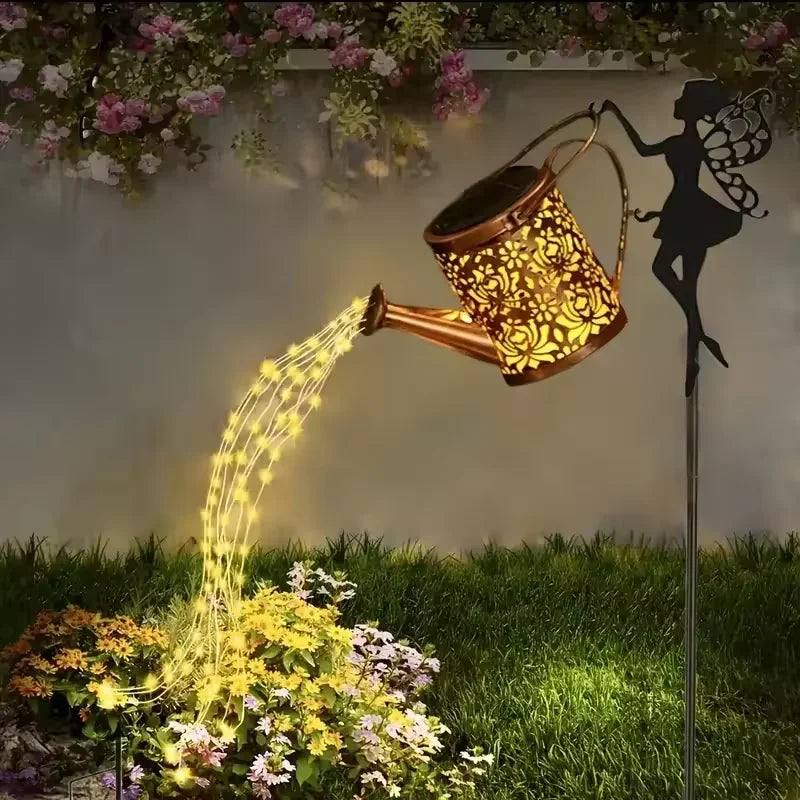 Lampe solaire arrosoir féerique décorative jardin ajourée guirlande lumineuse couleurs vives or noir verte