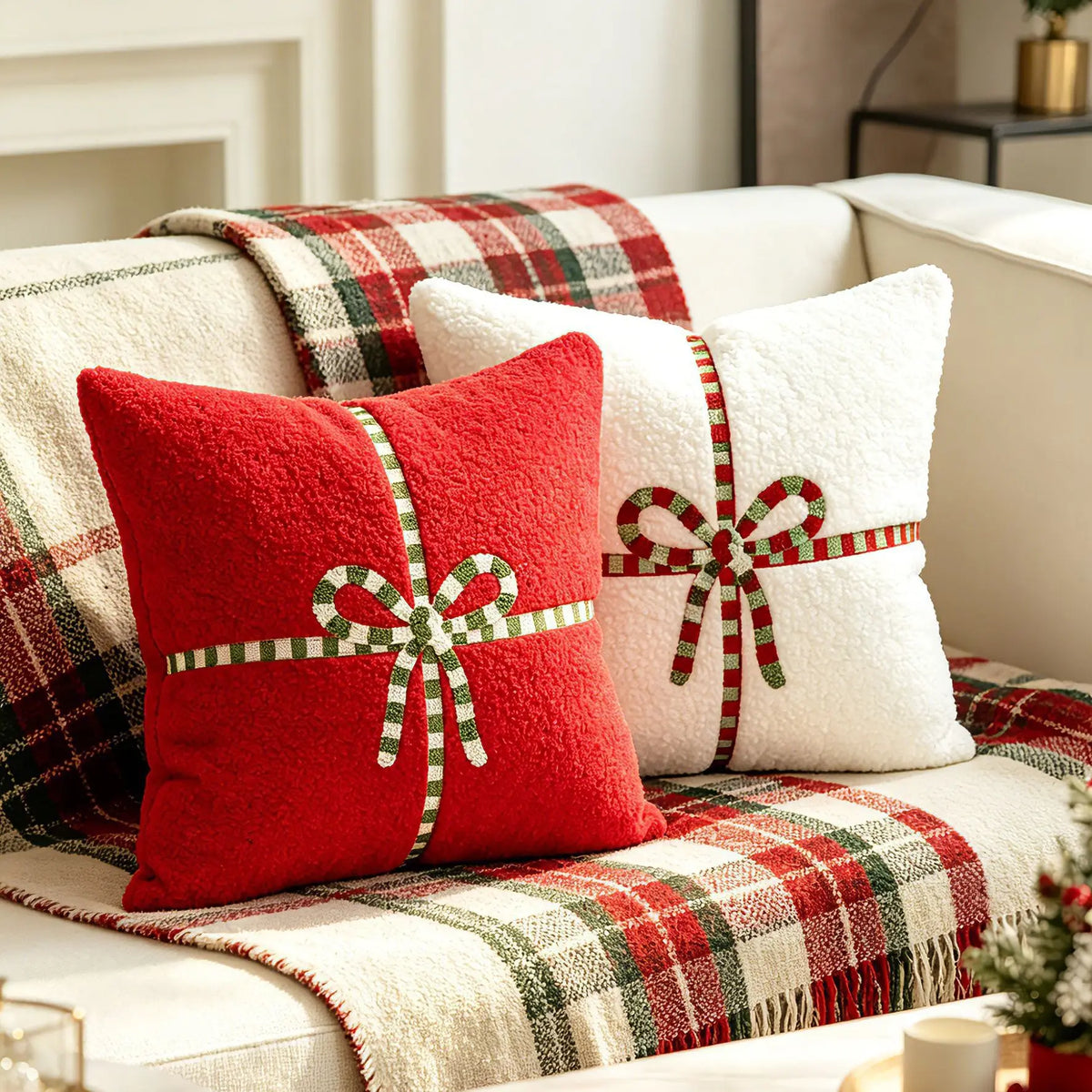 coussin carré noël brodé rouge blanc texture bouclée festif décoration intérieure polyester 45x45cm