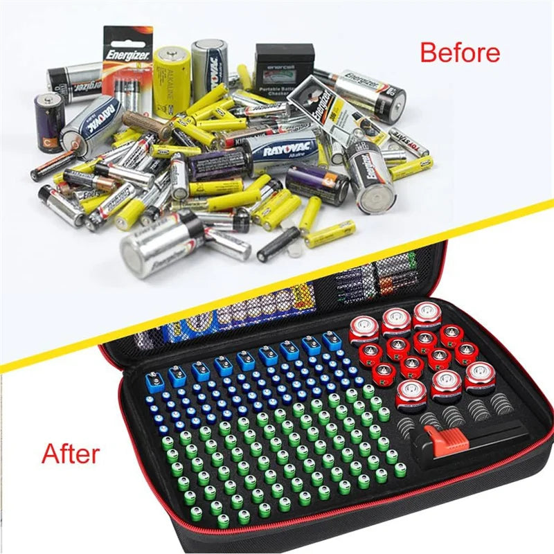 mallette rangement batteries texturée noir bordure rouge compartimentée piles button aaa aa 9v
