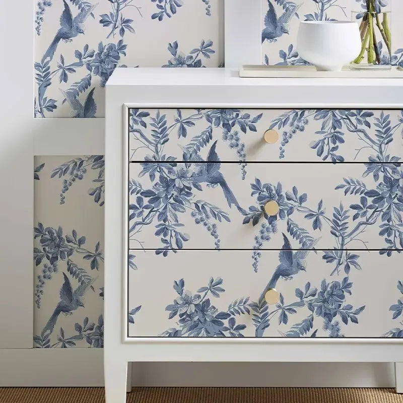 papier peint autocollant floral bleu oiseaux texturé moderne adhésif meubles mur opaque vinyle PVC