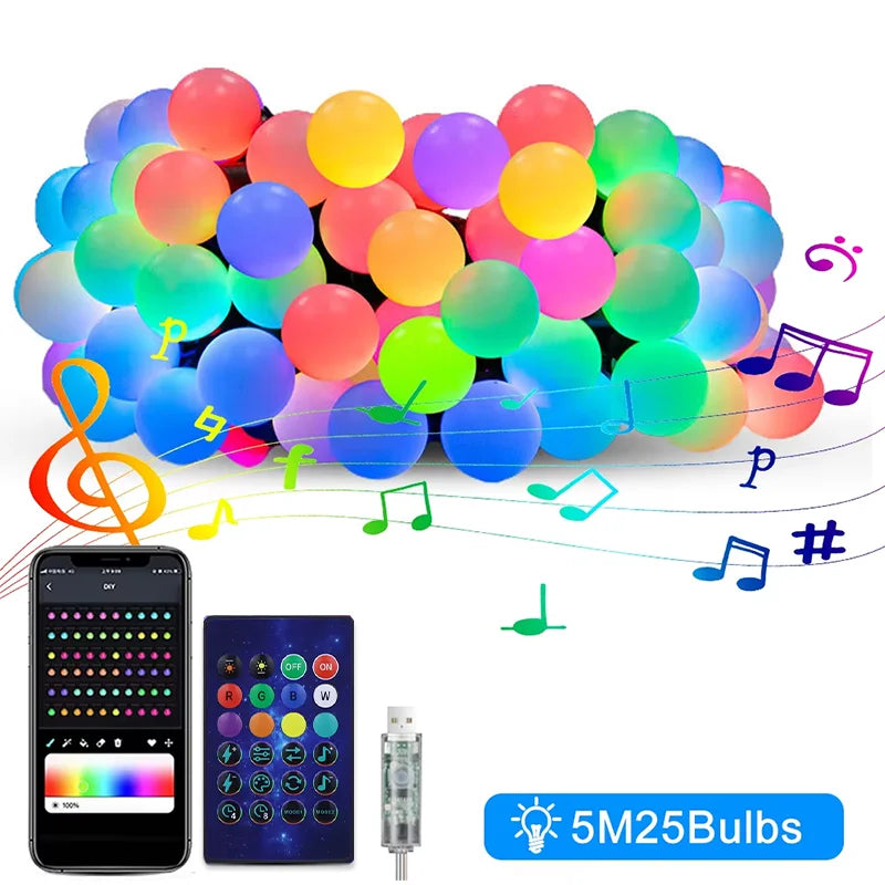 guirlande lumineuse led multicolore 5m 10m boules sphériques moderne bluetooth télécommande adaptateur usb