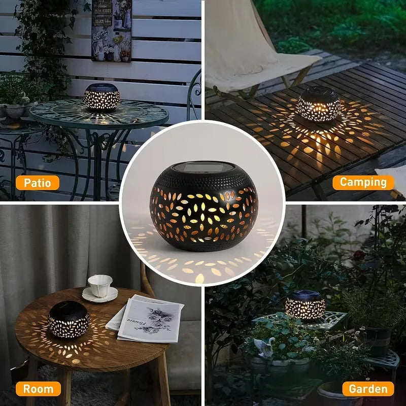 lampe solaire moderne perforations dorées jardin patio extérieur noir éclairage paysager