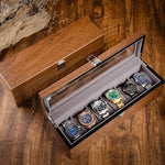 boîte montres 10 slots bois marron velours gris verre transparent classique clips verrouillage