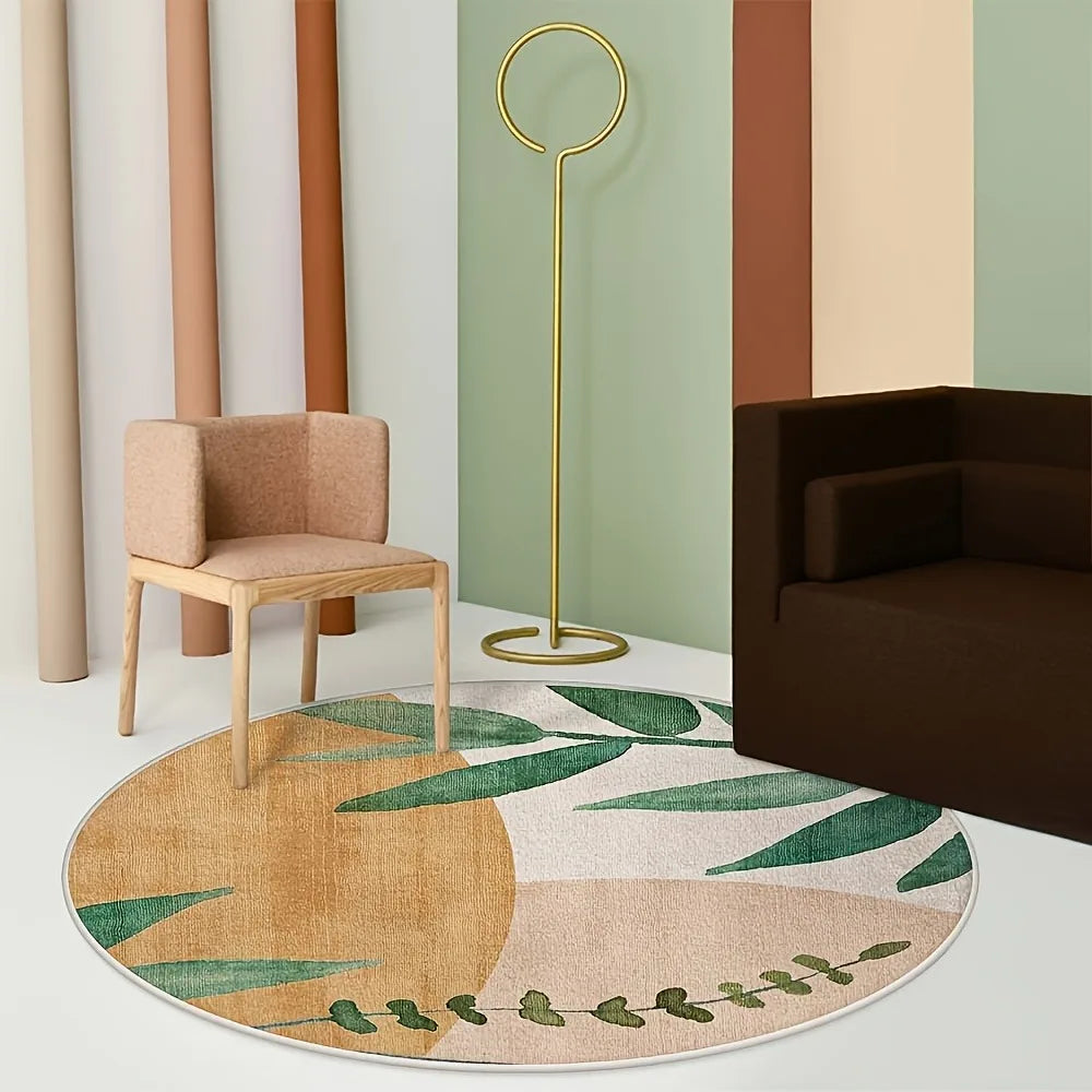 tapis rond polyester feuilles vertes fond beige bordure blanche moderne minimaliste