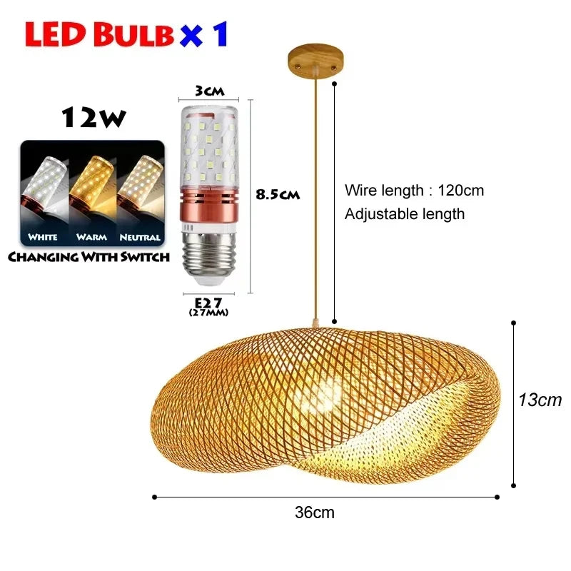 suspension lumineuse bois tressée moderne ampoule led câble électrique chambre salon
